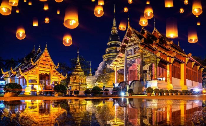 Templos e paisagem urbana de Bangkok durante uma viagem de Ano Novo à Tailândia
