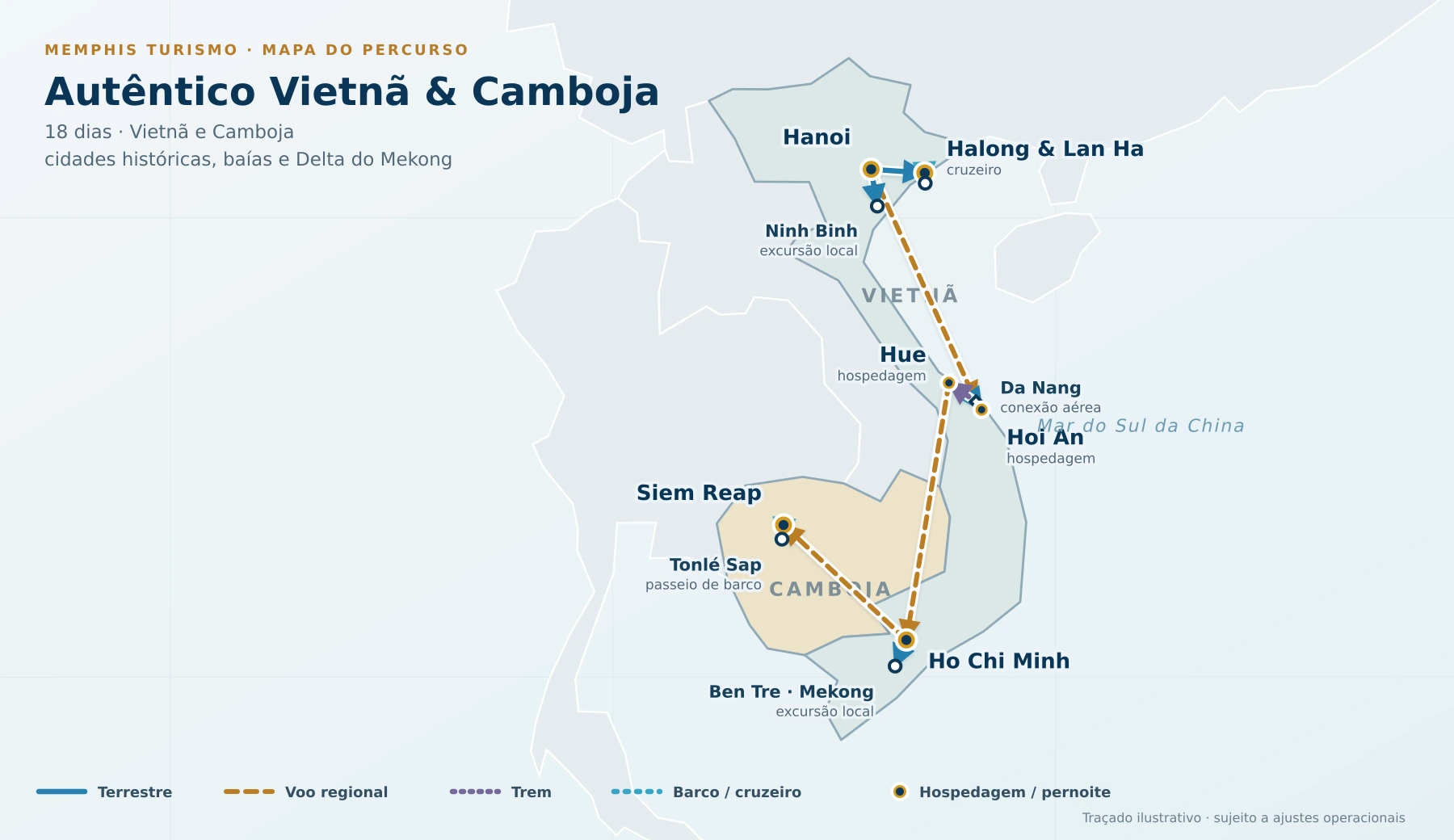 Mapa do percurso Autêntico Vietnã e Camboja, passando por Hanoi, Ninh Binh, Halong e Lan Ha, Da Nang, Hoi An, Hue, Ho Chi Minh, Ben Tre e Siem Reap