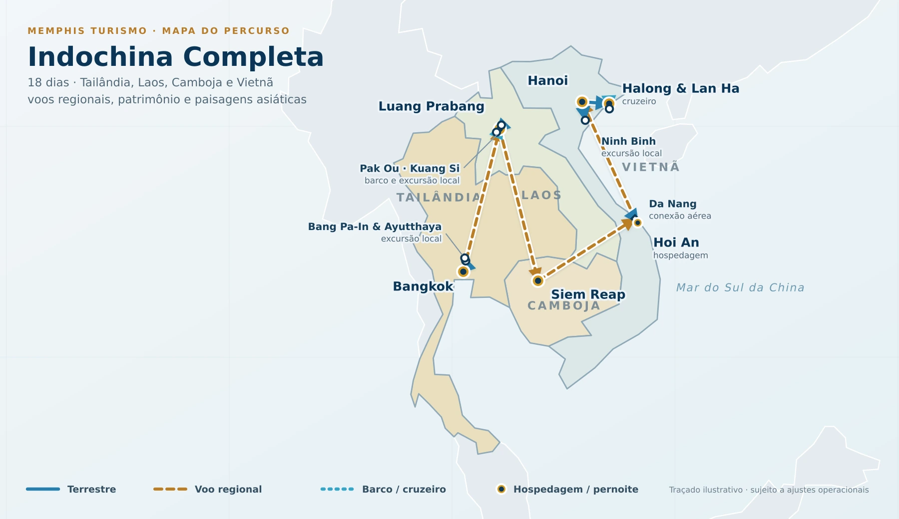 Mapa do percurso da Indochina Completa por Tailândia, Laos, Camboja e Vietnã, passando por Bangkok, Luang Prabang, Siem Reap, Hoi An, Hanoi, Ninh Binh, Halong e Lan Ha