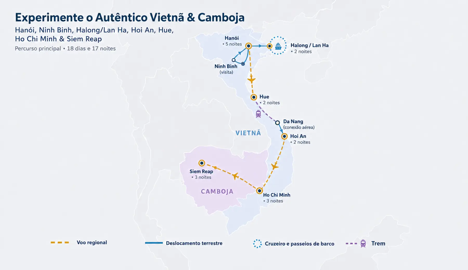 Mapa do percurso do roteiro Experimente o Autêntico Vietnã e Camboja, passando por Hanói, Ninh Binh, Halong e Lan Ha, Da Nang, Hoi An, Hue, Ho Chi Minh e Siem Reap, com deslocamentos terrestres, voos regionais, trem e passeios de barco