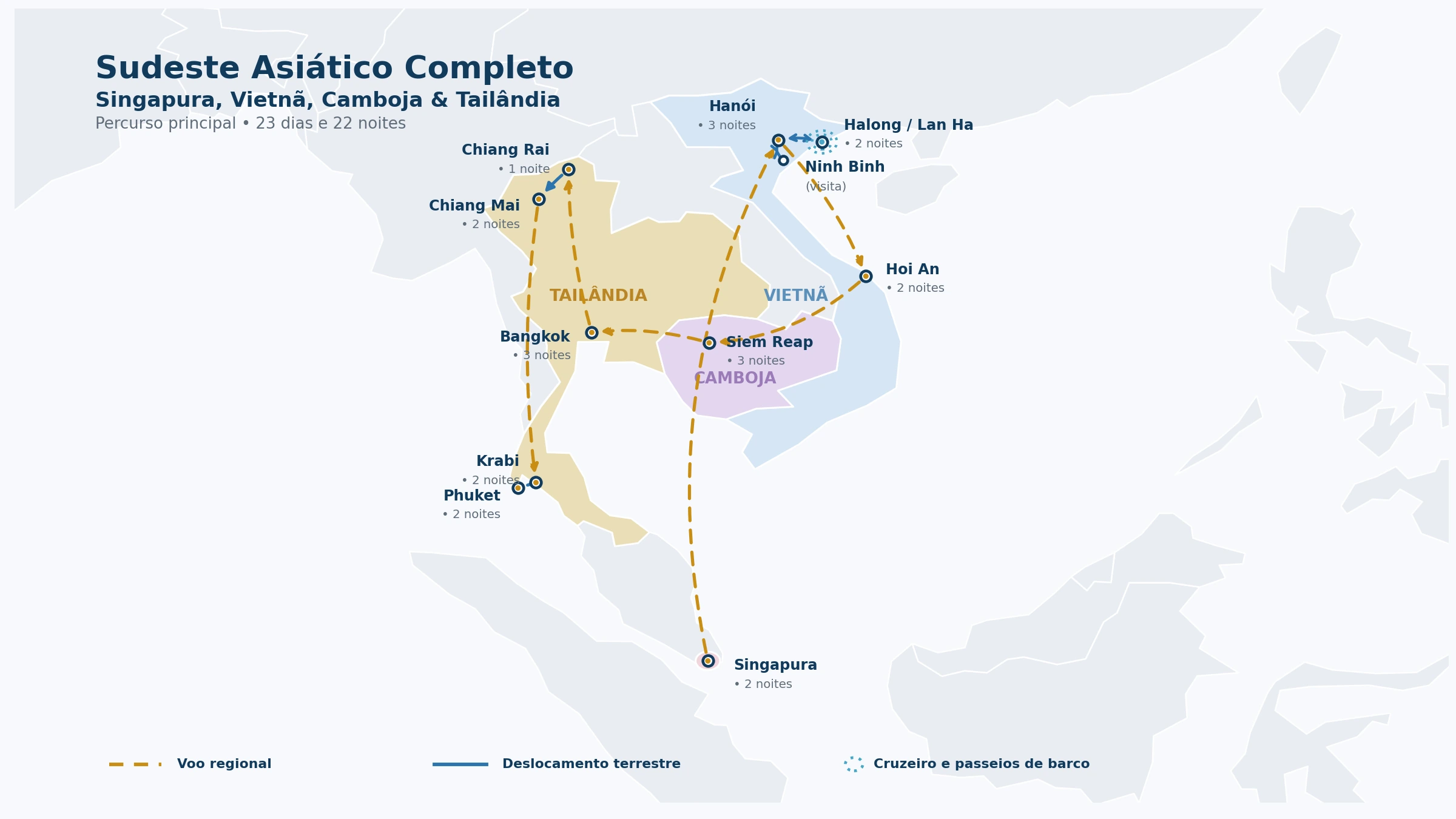 Mapa do percurso do roteiro Sudeste Asiático Completo por Singapura, Vietnã, Camboja e Tailândia, passando por Hanói, Ninh Binh, Halong e Lan Ha, Da Nang como conexão aérea, Hoi An, Siem Reap, Bangkok, Chiang Rai, Chiang Mai, Krabi e Phuket.