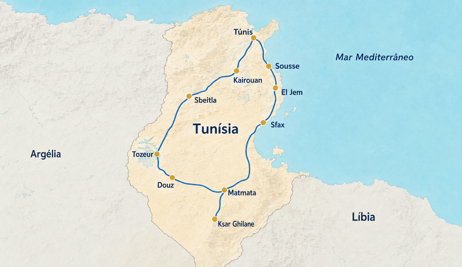 Mapa da Tunísia mostrando o circuito terrestre entre Túnis, Kairouan, Sbeitla, Tozeur, Douz, Matmata, Ksar Ghilane, Sfax, El Jem e Sousse