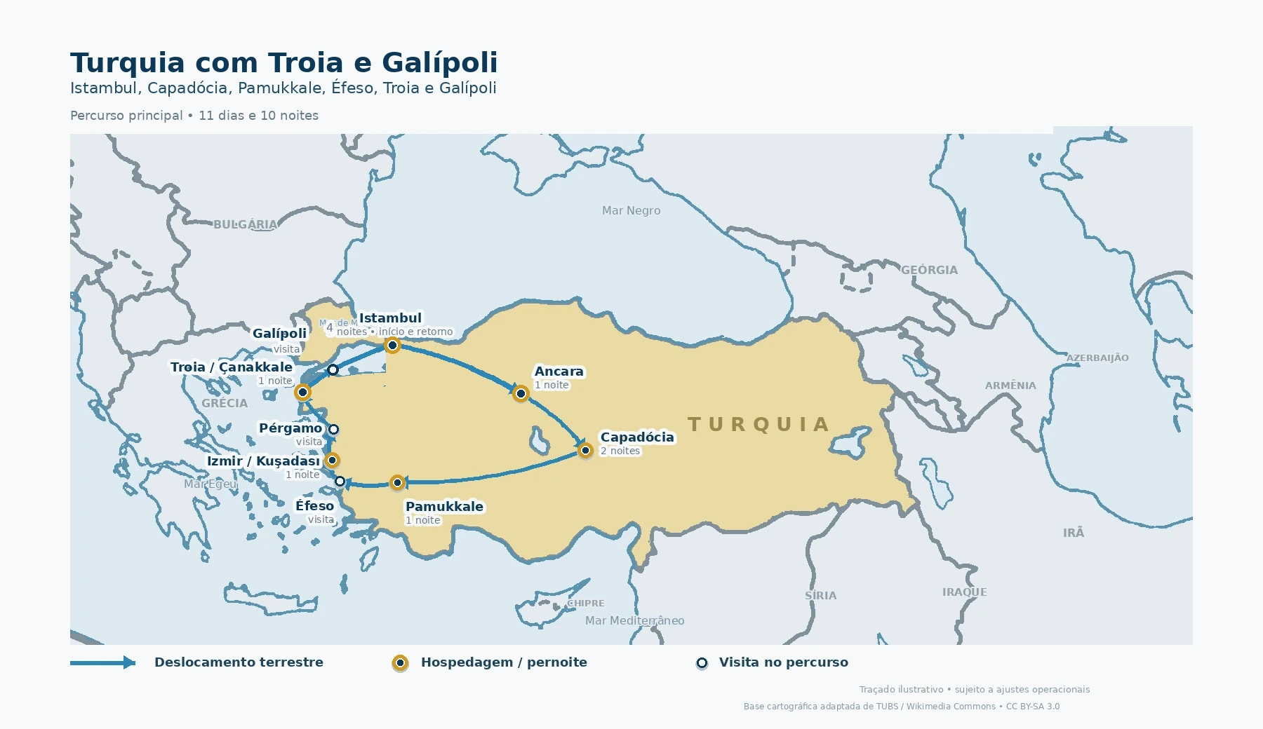 Mapa detalhado da Turquia e países vizinhos com o percurso de Istambul a Ancara, Capadócia, Pamukkale, Éfeso, Pérgamo, Troia, Çanakkale, Galípoli e retorno a Istambul