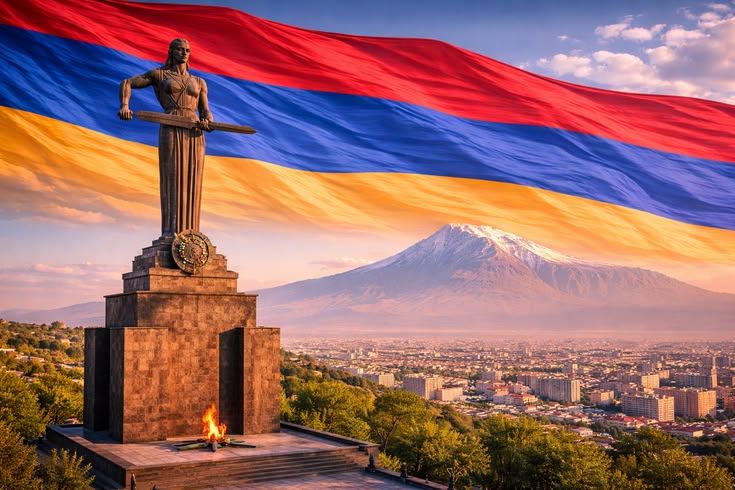 Monte Ararat ao fundo e monumento Mãe Armênia em Yerevan
