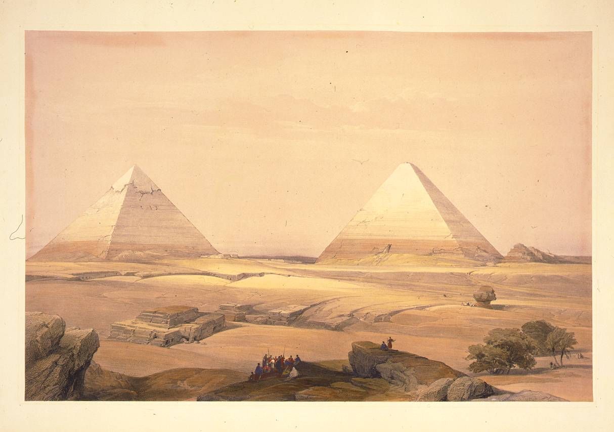 Pirâmides de Gizé em litografia histórica de meados do século XIX