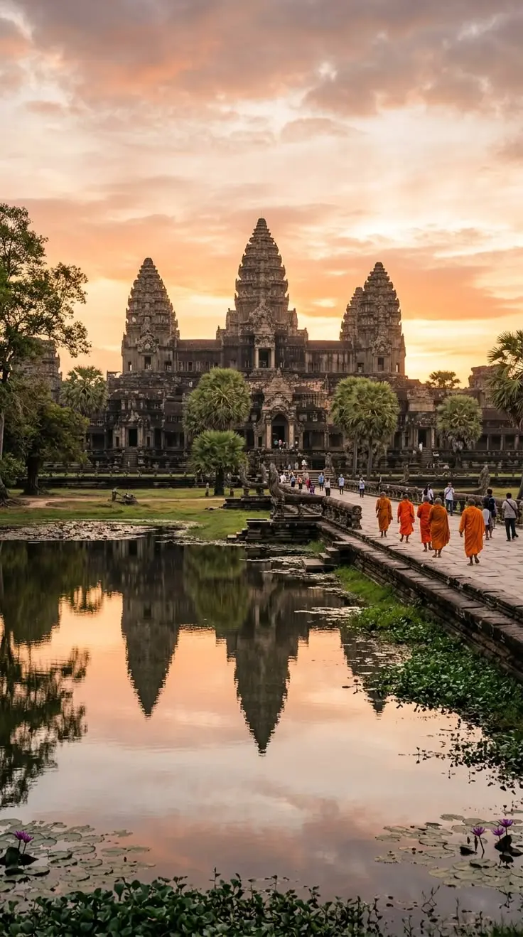 Angkor Wat ao amanhecer refletido no lago, no Camboja