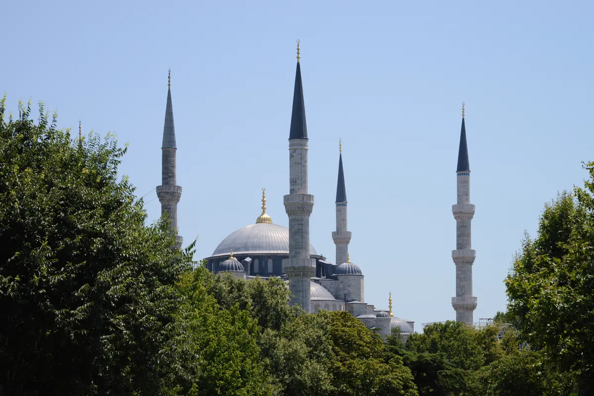 Vista de Santa Sofia entre árvores em Sultanahmet, Istambul