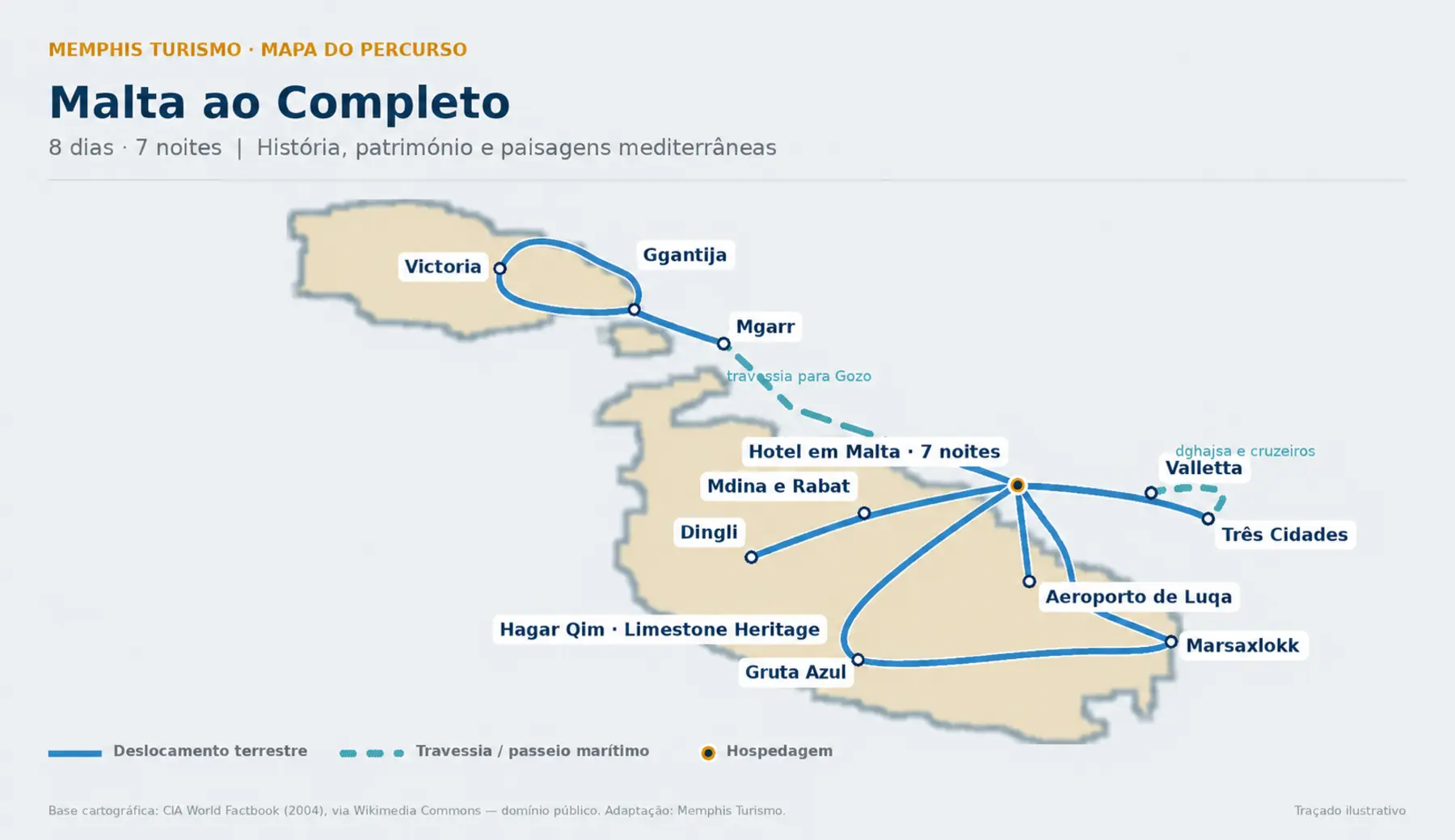 Mapa do roteiro Malta ao Completo com sete noites em Malta, excursões terrestres e travessias marítimas para Gozo e pelo Grande Porto