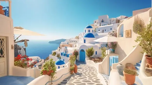 Ruelas e casas brancas com detalhes azuis em Santorini