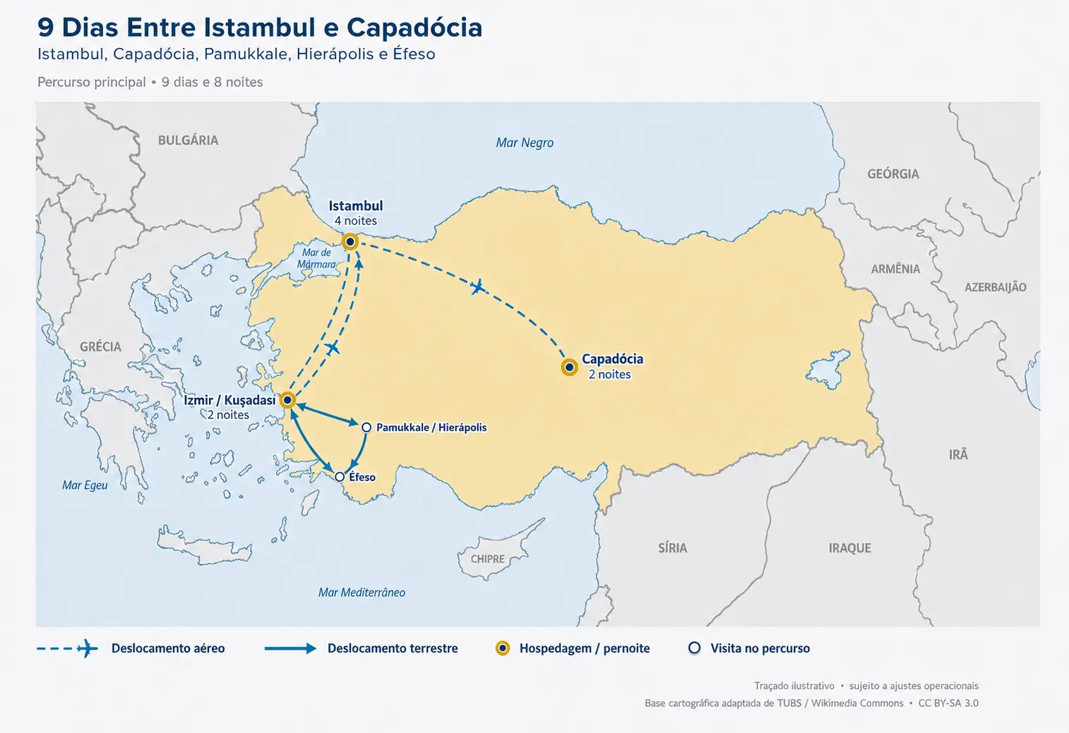 Mapa detalhado da Turquia e dos países vizinhos com o percurso entre Istambul, Capadócia, Izmir, Kuşadası, Pamukkale, Hierápolis e Éfeso