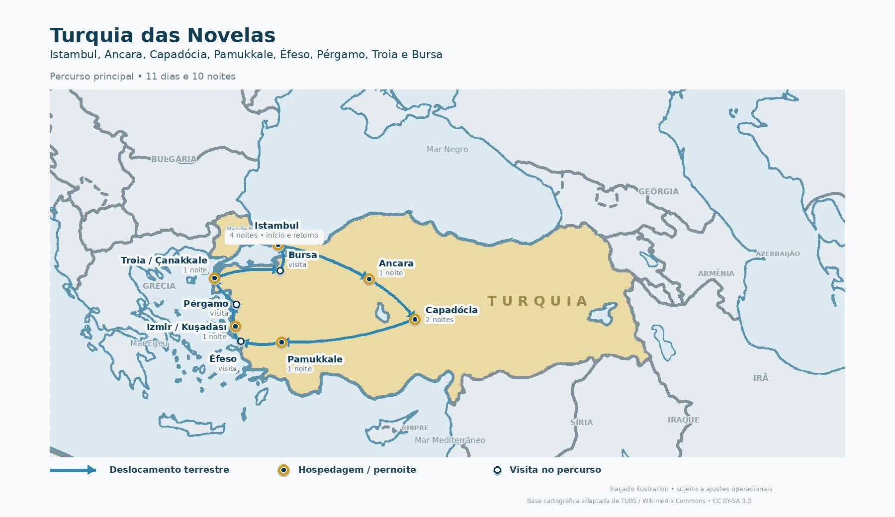 Mapa do roteiro Turquia das Novelas, 11 dias e 10 noites, com quatro noites em Istambul e circuito por Ancara, Capadócia, Pamukkale, Éfeso, Pérgamo, Troia, Çanakkale e Bursa