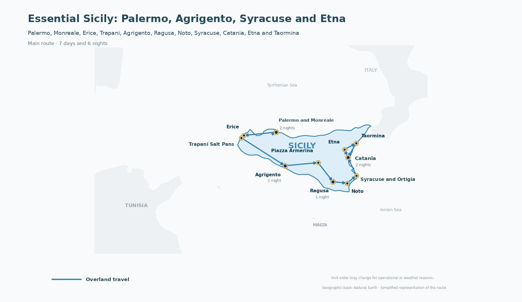 Map of the Essential Sicily itinerary between Palermo, Monreale, Erice, Trapani, Agrigento, Piazza Armerina, Ragusa, Noto, Syracuse, Catania, Etna and Taormina
