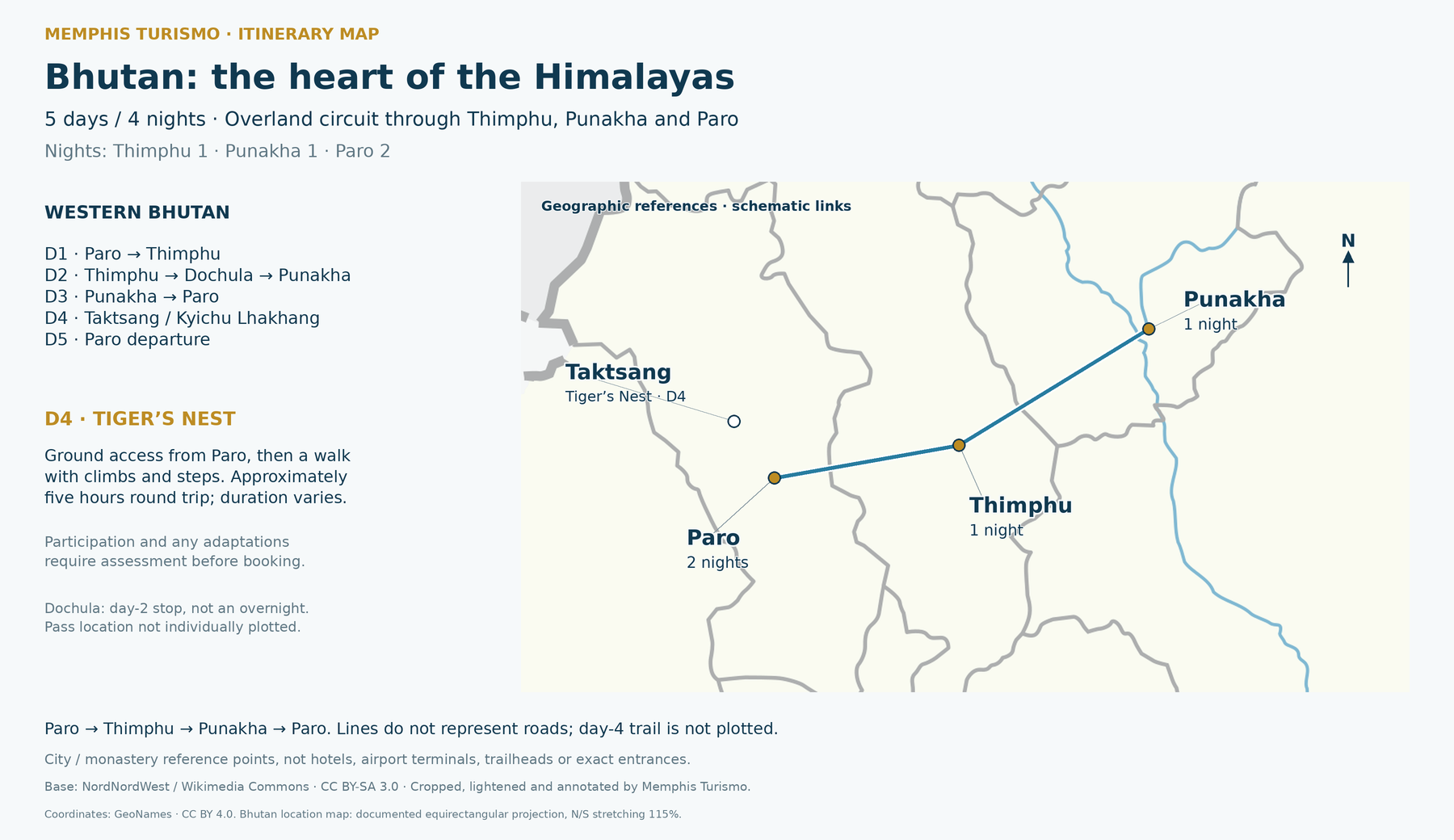 Map of western Bhutan with Paro, Thimphu, Dochula Pass, Punakha and the excursion to Taktsang Monastery