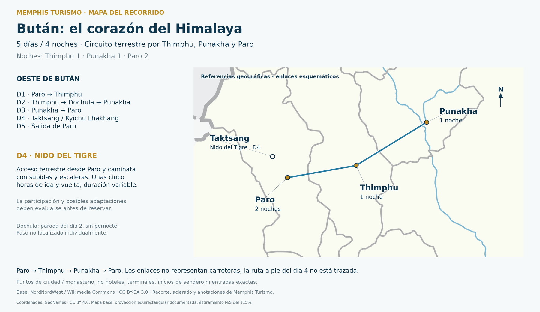 Mapa del oeste de Bután con Paro, Thimphu, el paso de Dochula, Punakha y la excursión al monasterio de Taktsang