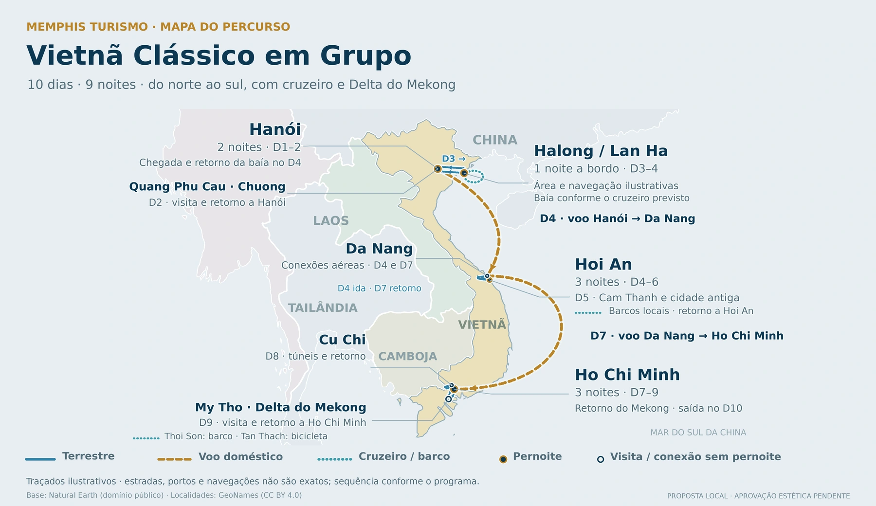 Mapa do Vietnã Clássico em Grupo, 10 dias: Hanói, cruzeiro de uma noite em Halong ou Lan Ha, retorno a Hanói, voo a Da Nang, Hoi An, retorno a Da Nang, voo a Ho Chi Minh, visitas a Cu Chi e My Tho no Delta do Mekong com retorno a Ho Chi Minh.