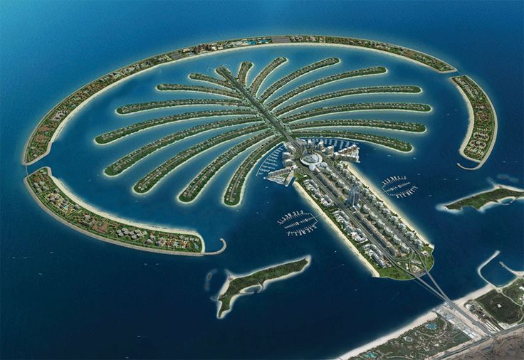 Representação aérea de Palm Jumeirah em Dubai, com tronco, frondes e crescente em formato de palmeira