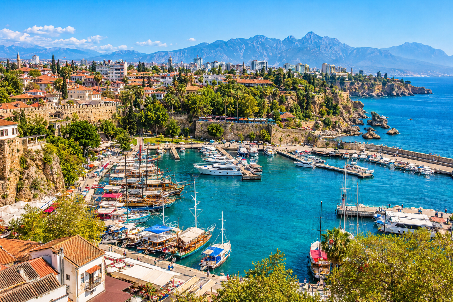Barcos em uma marina diante de edifícios, vegetação e montanhas na costa do Mediterrâneo.