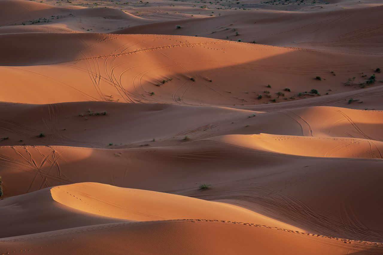 Dunas alaranjadas de Merzouga, com faixas de luz, sombra e marcas na areia.
